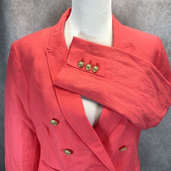 Banana Republic Linen Blend Women's 14 Coral Military Blazer Jacket Gold Buttons - Picture 6 of 12